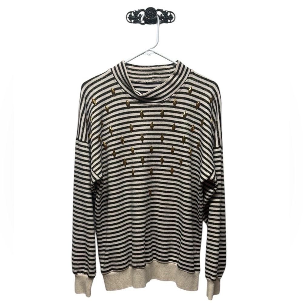 Vintage rare Beige gray striped gold studded mock neck knit sweater tee large
